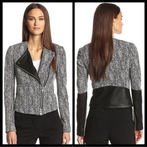 Theory Joean Goat Leather and Tweed Herringbone Moto Blazer